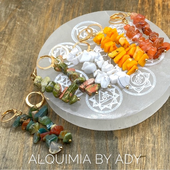 Folk art 14k gold gemstones long dangle statement earrings - Picture 1 of 1